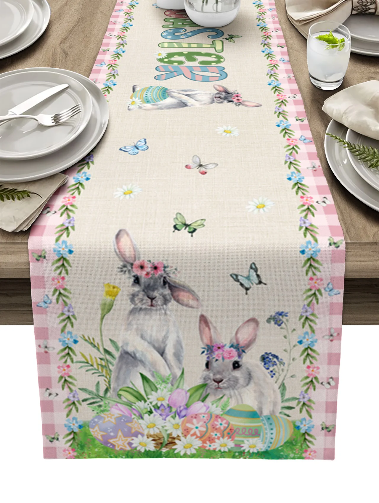 부활절 토끼 달걀 꽃 리넨 테이블 러너, 결혼식 휴일 장식, 세척 가능한 식탁 러너, 주방 테이블 장식