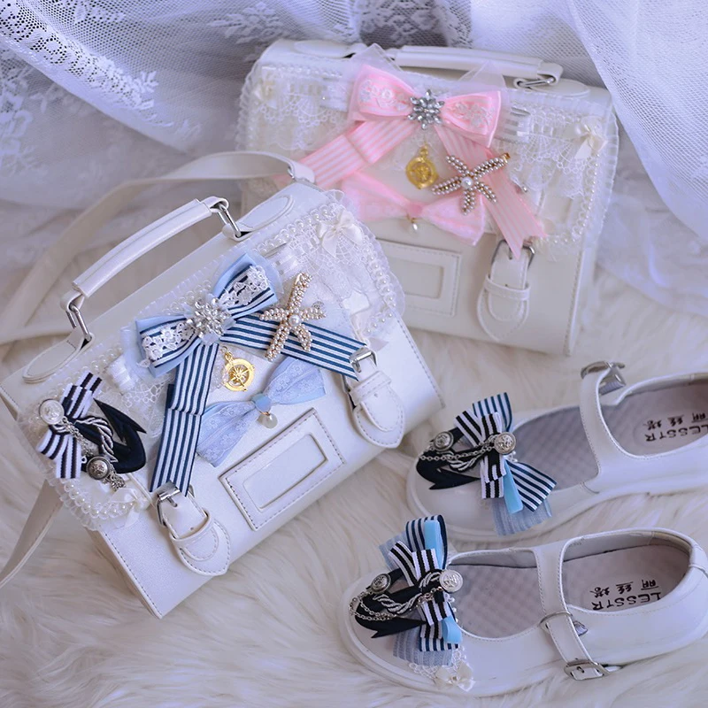 

New Naval Style Elegant Ruffles Handmade Female Square Bag JK Uniform Lolita Bowknot Sweet Lace Pearl Messenger Bag Handbag