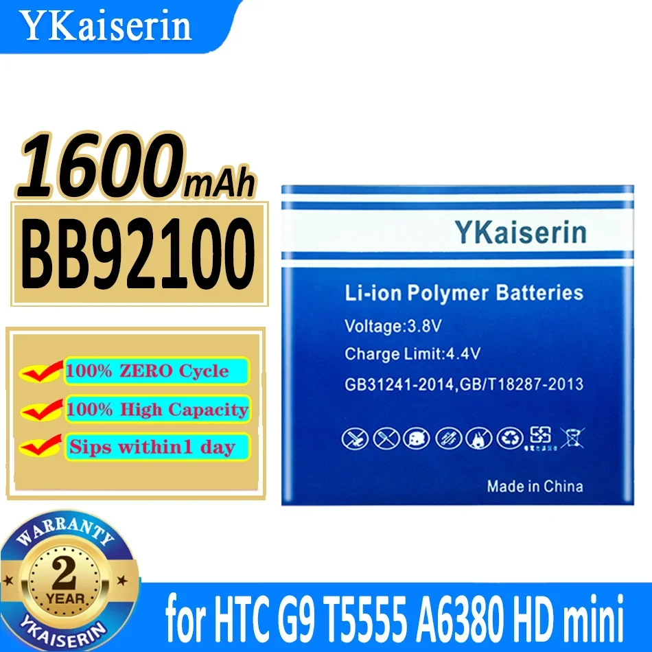 

1600mAh YKaiserin Battery BB92100 for HTC G9 T5555 A6380 HD mini Bateria