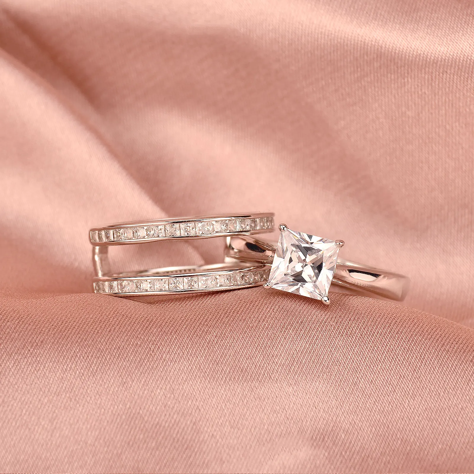 Newshe Solid 925 Sterling Silver Wedding Rings for Women Solitaire Princess Cut Engagement Ring Eternity AAAAA Zircon Guard Band 5
