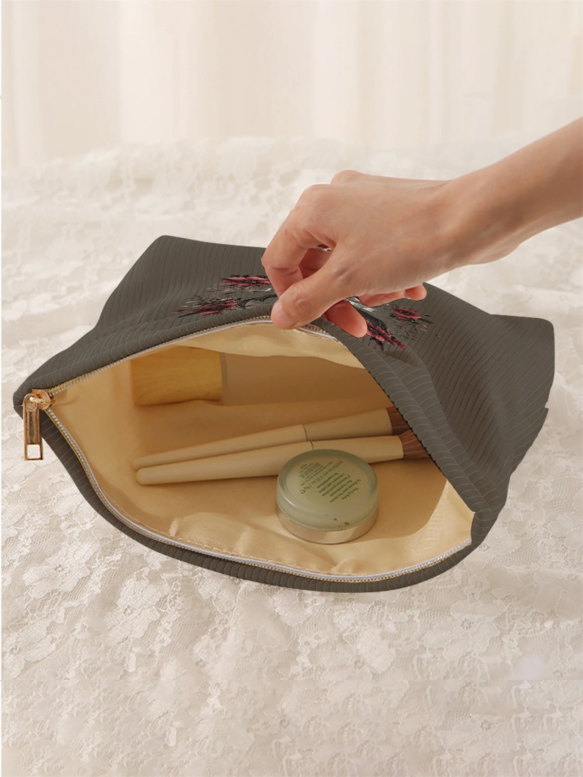 1 bat patterned corduroy makeup bag, lightweight zipper makeup storage box, multifunctional bag with lining