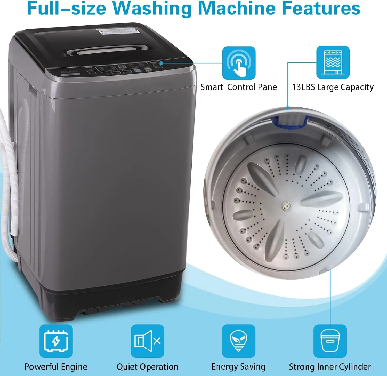 Fully Automatic Portable Washing Machine 13 lbs Capacity Compact Laundry Washer with Drain Pump 10 Wash Program