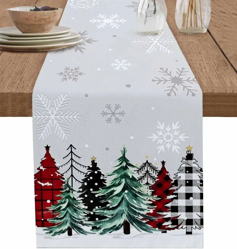 

Christmas Table Decor Dining Table Runners Plaid Pine Tree Snowflake Linen Table 2024 Holiday Navidad Decorations Natale