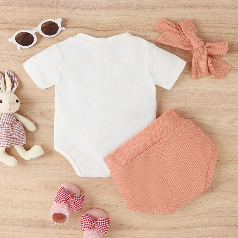 

Baby Girls 1st Easter Outfit Short Sleeve Letter Bunny Print Romper Shorts Headband 3Pcs Summer Rabbit Clothes Set