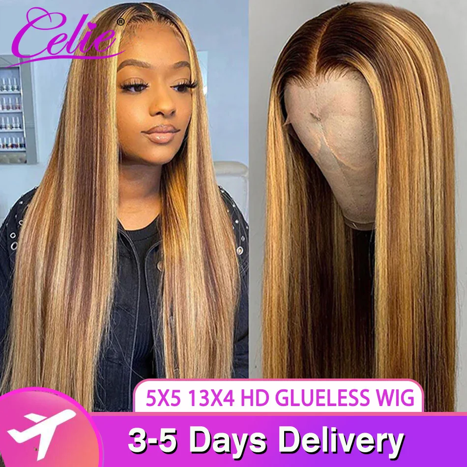 Human Hair Wigs Celie Ready To Go Straight Highlight Wig 5x5 Lace Closure Wig Honey Blond HD Lace Frontal 4 27 Front Human Hair