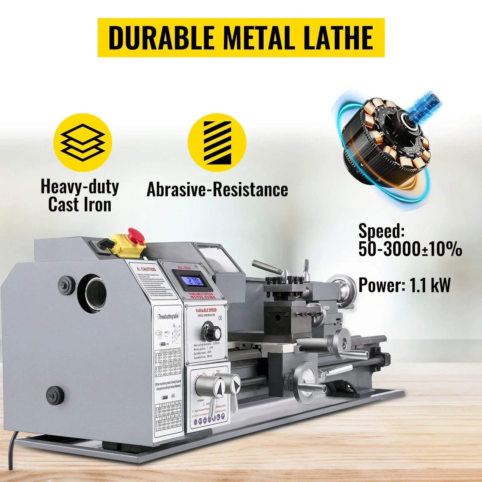 VEVOR 1100W Mini-Metalldrehmaschine 220MMx750MM Drehzahlvariable Metalldrehmaschine RPM Metallfräsmaschine Digitale Fräsmaschine – Detail 5