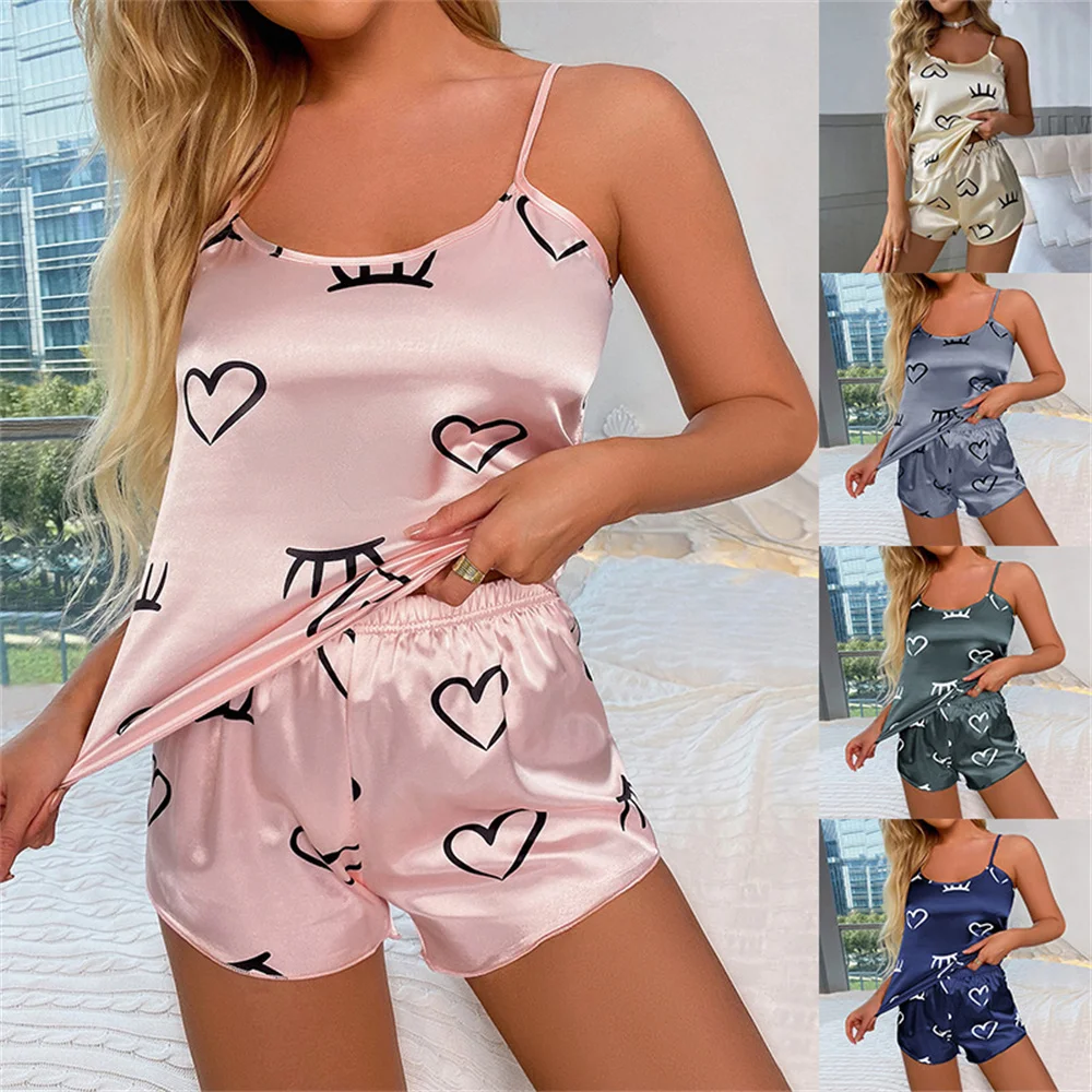 

Women Pajama Set 2 Pieces Sexy Heart Print Sleepwear Pyjamas Silk Satin Top And Shorts Nightwear Suits Sleeveless Underwear Tops