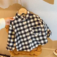 Vêtements d'automne pour enfants, filles et garçons, chemise à revers rétro décontractée, manches longues, hauts à simple boutonnage, chemisiers à carreaux 2