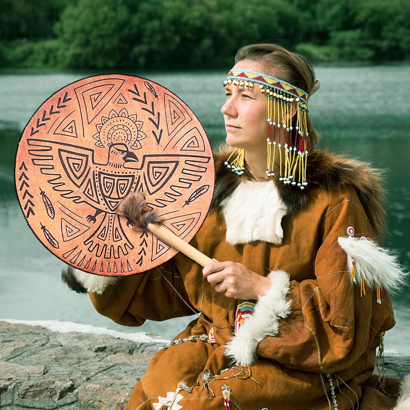 Hand Drum Musical Instruments Shamanic Drum With Mallet 3D Tree Shape Shaman Hollow Back Sound Of Music Decoration Full Of