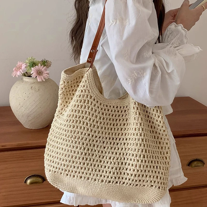 Casual Hollow Out Large Capacity Tote Bag Milk Cotton Weave Women Shoulder Bags Handmade Summer Beach Bag Big Bali Shopper Purse