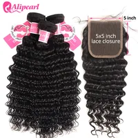 AliPearl Hair Deep Wave Bundles With 5x5 Lace Closure Human Hair 3 Bundles With Closure Free Part Remy Hair Extension 1