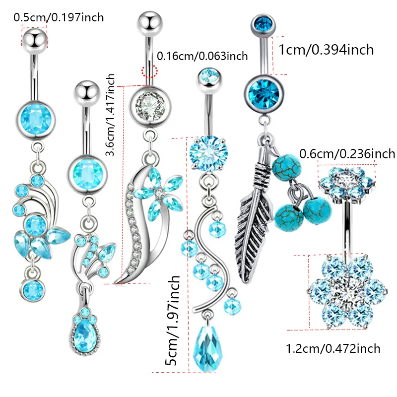 1-6PCS Blue Crystal Belly Button Rings Stainless Steel Heart Navel Piercing Barbell For Women Butterfly Belly Ring Beach Jewelry