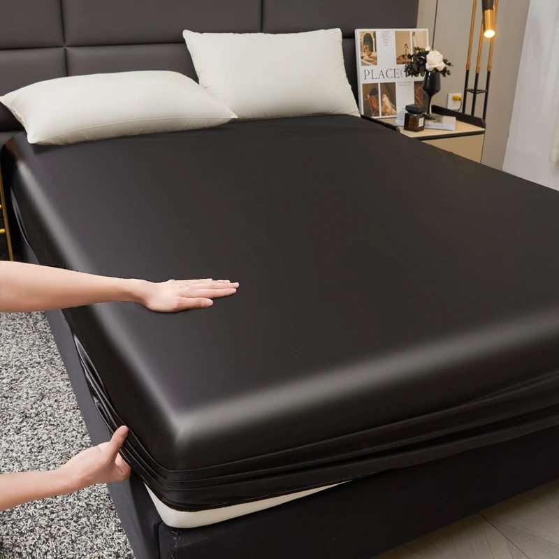 Waterproof Smooth Satin Fitted Sheet For Single Double Queen King Bed Silky Mattress Protector For Women Kids Family with Pet 4