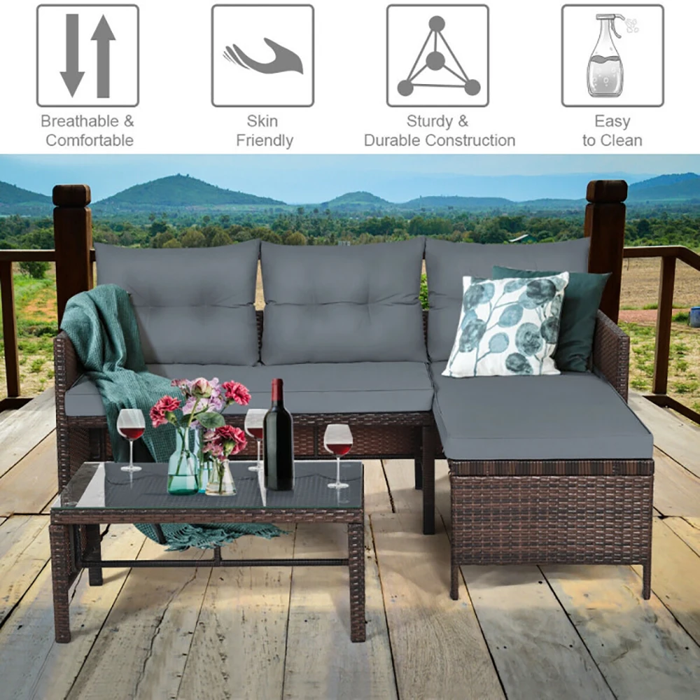 3 Piece Set Corner Sofa Outdoor Rattan Sofa Set Includes Lounge Chaise Loveseat & Coffee Table Patio Garden Backyard Furniture