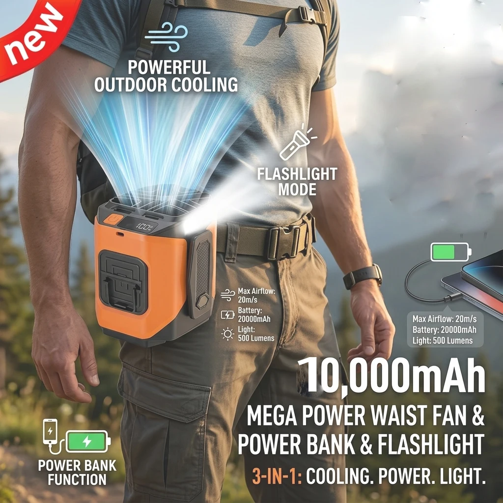 4000mAh 허리 팬 휴대용 핸드헬드 교수형 목 팬 야외 작업을 위한 전화 충전 LED 조명이 있는 초강력 바람