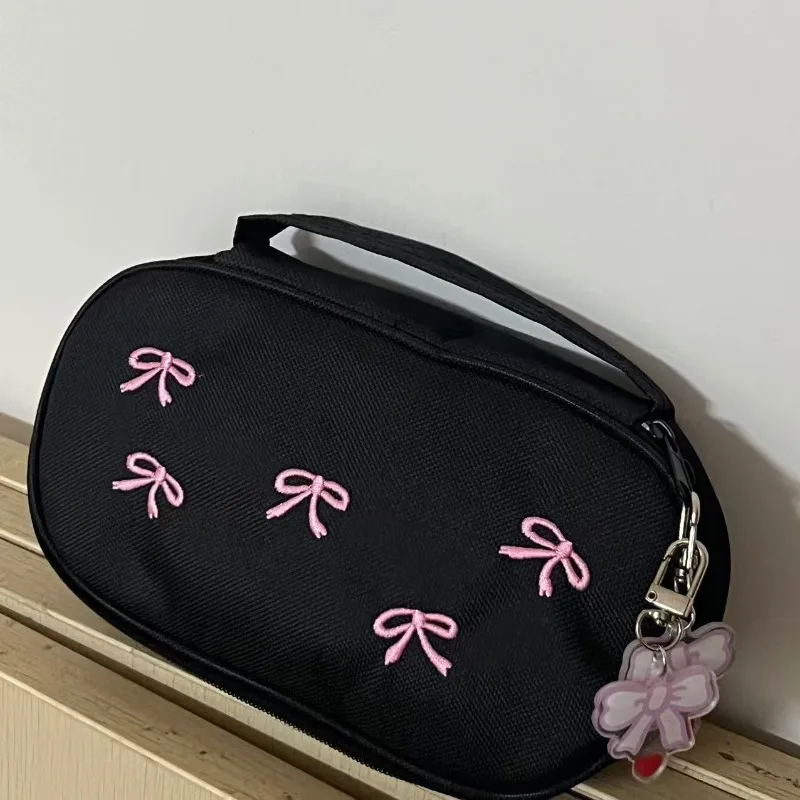 크리 에이 티브 블랙 핑크 보우 연필 케이스 대용량 플립 커버 수 놓은 연필 가방 다기능 문구 보관 상자