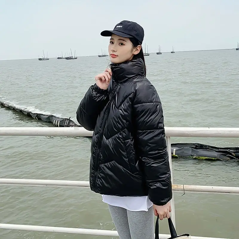 2023 New Women Winter Down Cotton Coat Glossy Stand Collar Overcoat  All-Matching Down-cotton Jacket Shiny Short Outwear Parka