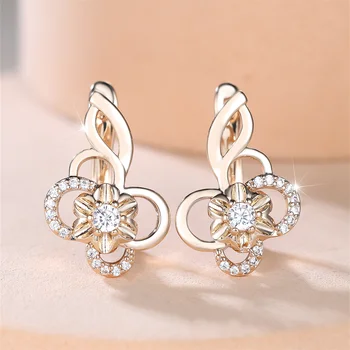 Round Stone White Zircon Hollow Flower Hoop Earrings For Women Vintage Gold Color Ear Buckle Wedding Jewelry Versatile Gifts