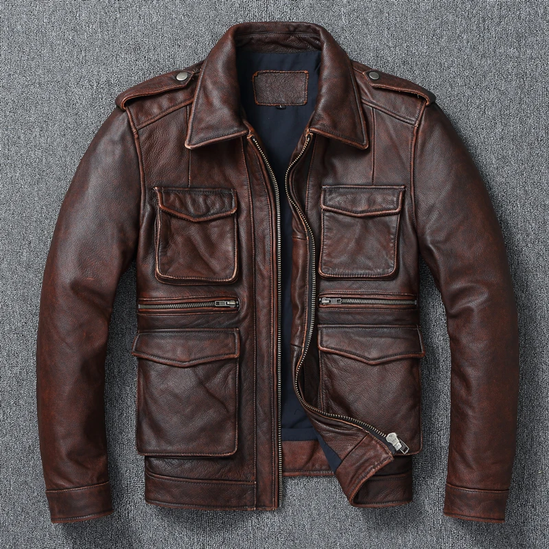 Genuine Leather Men's Retro Old-Fashioned Motorcycle Jacket Pure Head Layer Cowhide Slim-Fit lapel Coat Casual Trend men leather jacket
