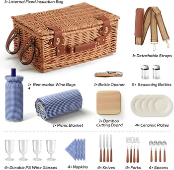 Wicker Picnic Basket Set for 4 Person with Cooler Compartment and Waterproof Picnic Blanket,Removable Strap,Wine Bag,Cutlery Set 4