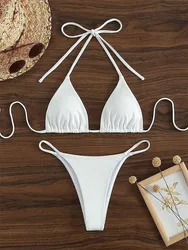 Elegant Solid Halter Bikini Set with High-Waisted Lace-Up Design - M (White)