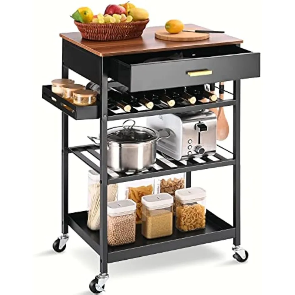 Kitchen Island Cart with Drawer, Rolling Kitchen Service Cart with Wooden Tabletop, 3-Tier Storage Cart on Wheels