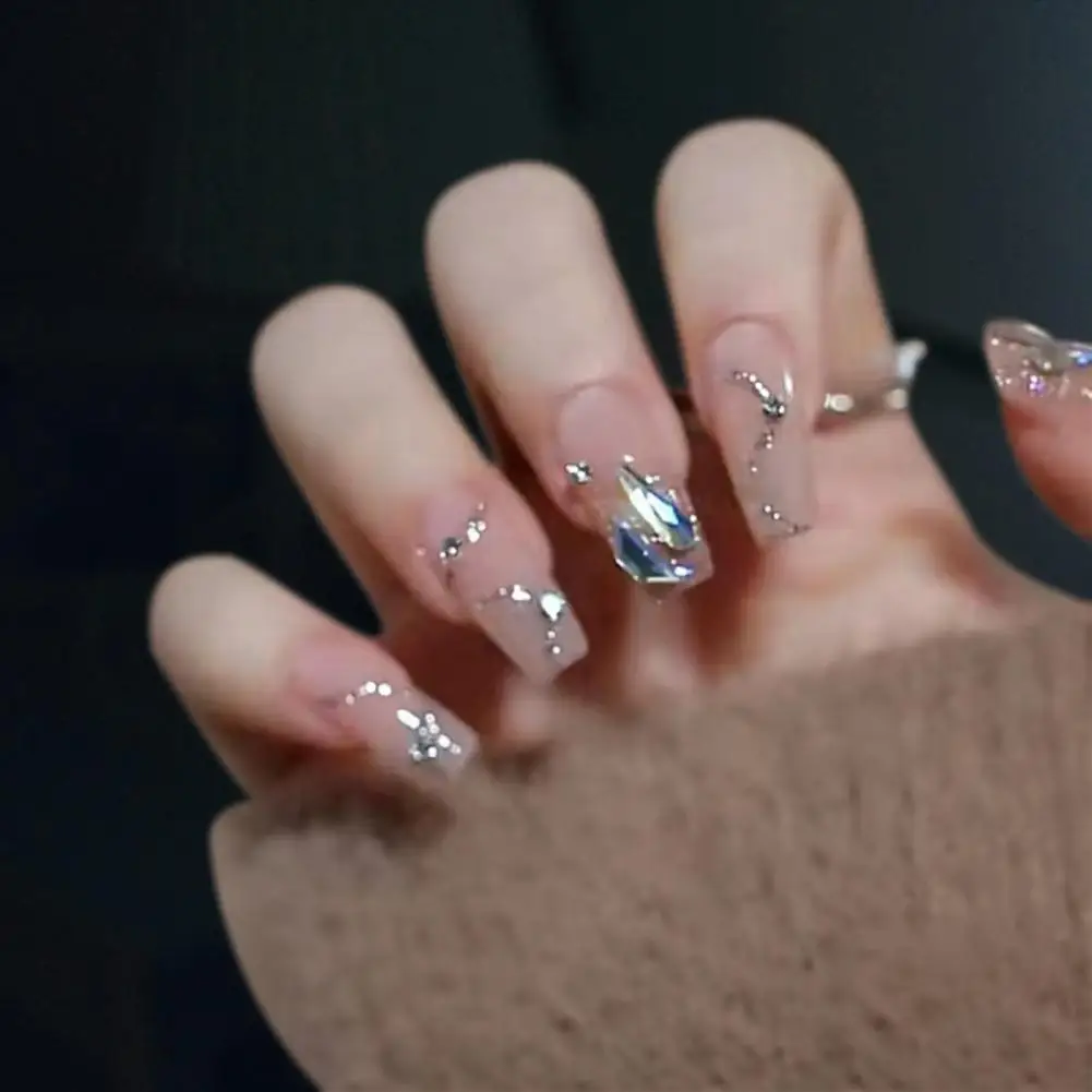 

1 Set Delicate Mid Length High Gloss Faux Diamond Press on Nail Artificial Nail with Glue Decorative