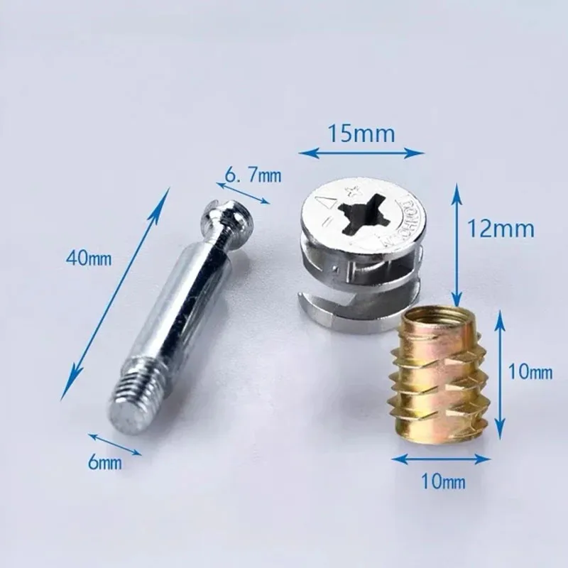 10Sets Furniture Side Connecting Fastener Cam Fitting Dowel Pre-inserted Nut Joint Connector 15x12mm Excenter Lock Screws Wheel
