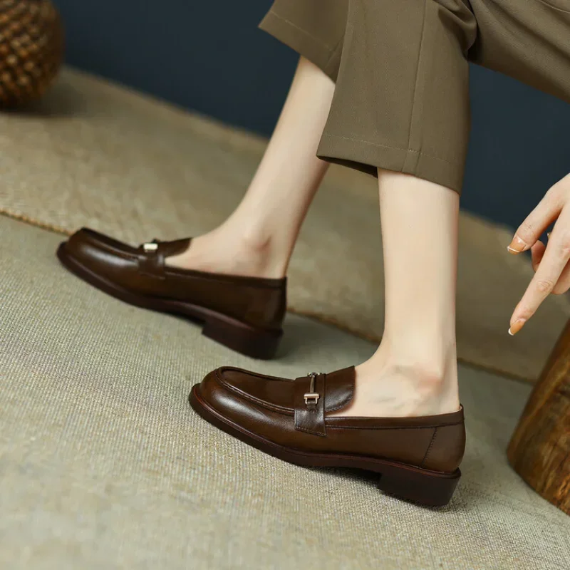 Ochanmeb Natural Leather Loafers Flat Shoes Women Brand Metal