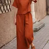 2025 Summer New Women's Fashion Cotton Linen Suit Short Sleeves 2-Piece Set European American Line Color Cross-Border Trade 1