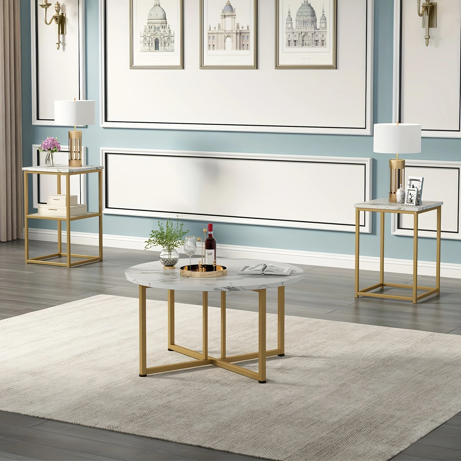 White Coffee Table Set of 3, Round Center Table & 2 Rectangular End Side Tables, 3 Piece Living Room Sets for Living Room