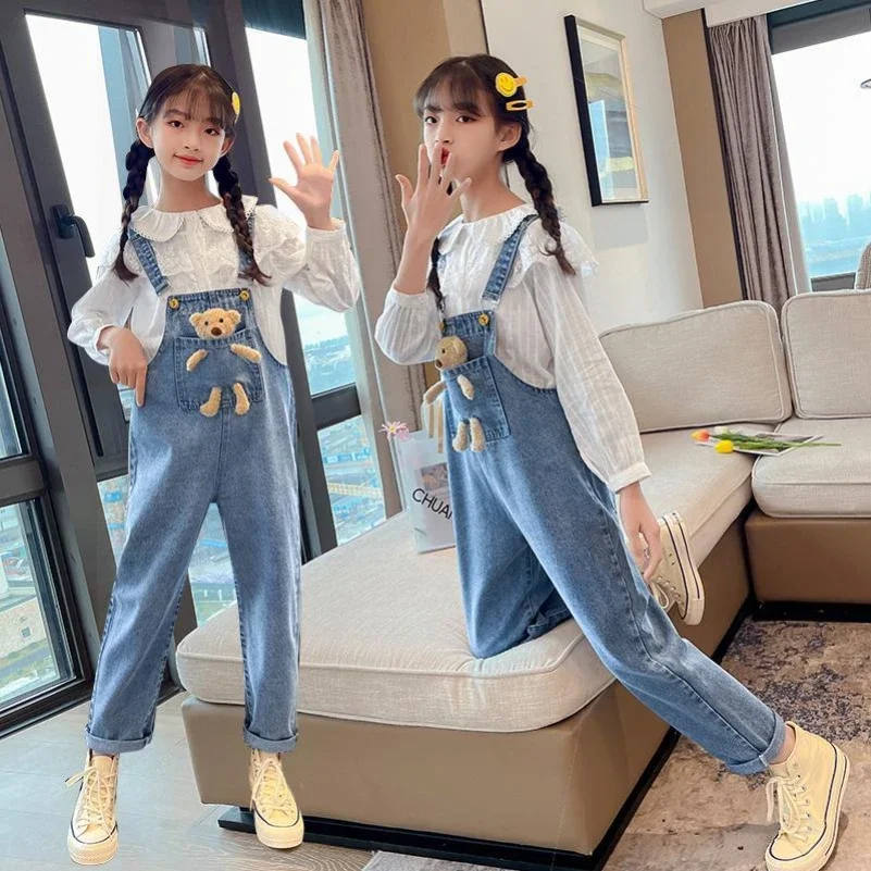 Spring Autumn Children Denim Bib Jumpsuit Pockets with Bear Kids Overalls Jeans for Girls Teenage Girls Suspender Trousers children overalls pants,kids outfits