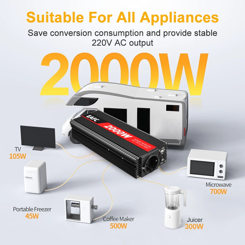 Inverter per Auto 500W-2000W Potenza di Picco, Convertitore a Onda Sinusoidale Modificata DC 12V-220V AC 50Hz, Trasformatore di Tensione con Presa EU - immagine 4