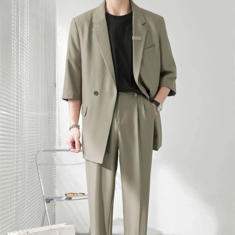 2 Piece Outfit Set Male Casual Korean Full Men's Suits and Blazers Business Trends Costumes Ceremony Clothes