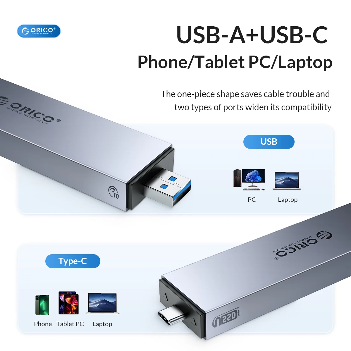 ORICO Aluminum 2 in 1 USB A Type-C Dual Interface M.2 SSD Case Support M2 NVMe M Key SATA NGFF M&B Key SSD Hard Disk Tool Free