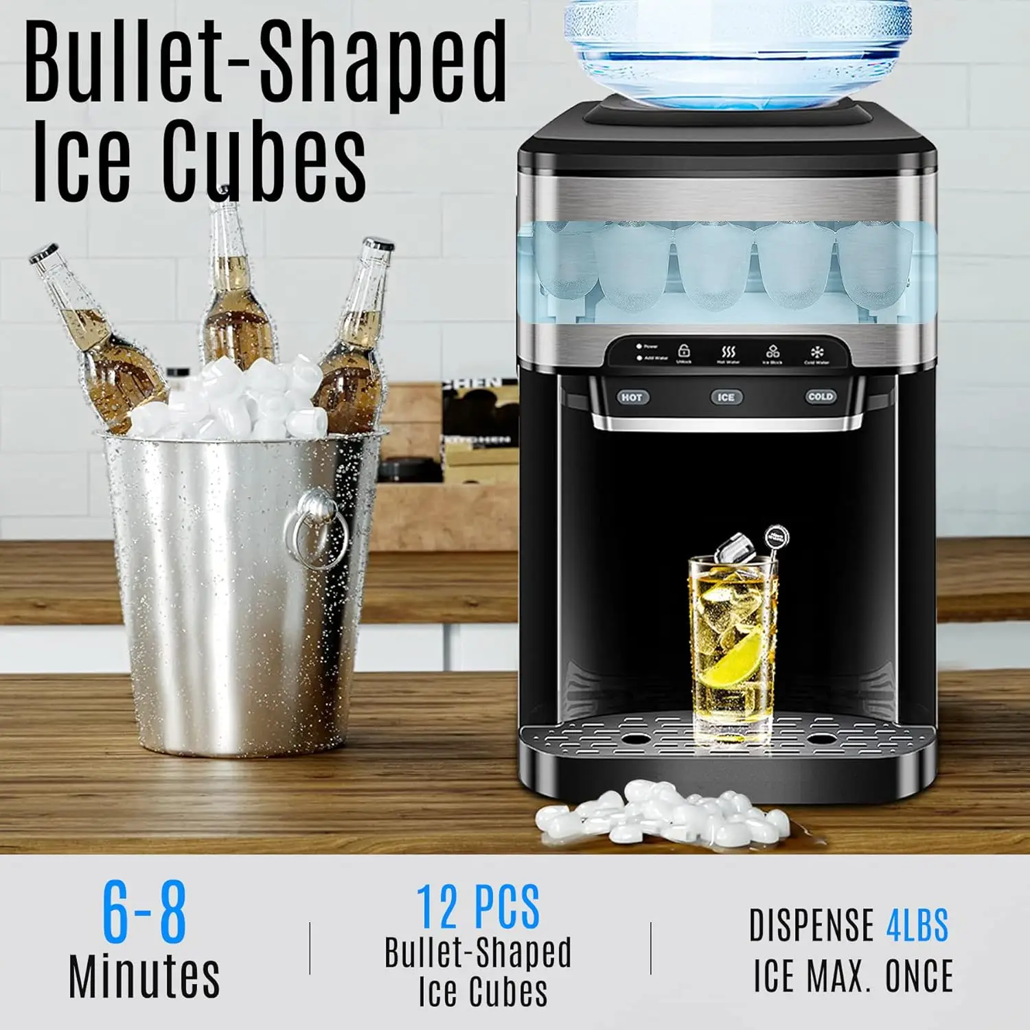 Cooler Dispenser Built-in Ice Maker Countertop,3-in-1 Portable Ice Machine 44lbs Daily,Top Loading 5 Gallon Water Dispenser w. C 3