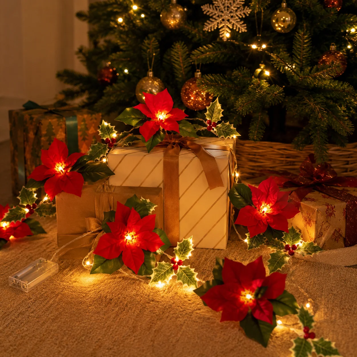 1pc 10/20 LED Christmas Artificial Flower and Red Berry String Light Battery Powered Fairy Lamp For Home Bedroom Christmas Decor