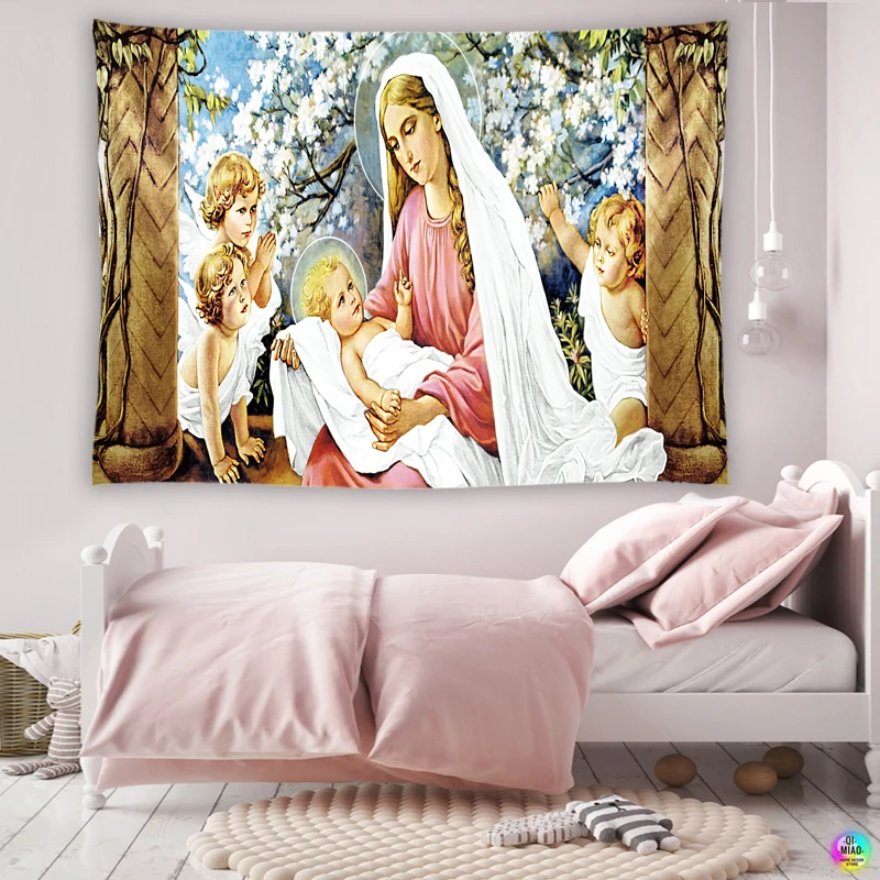 Mutter von Gott Mary Tapisserie Jesus Wand Decor Medieval Dekoration Hängen Raum Für Schlafzimmer Vintage Macrame Engel Wandbild Ästhetische – Detail 3