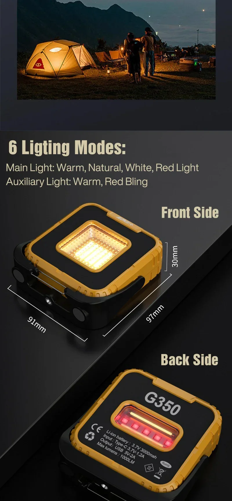 Description Picture 4 of itemNew Portable LED Spotlight 1000LM Super Bright 3000mAh LED Work Light Rechargeable Outdoor Camping Lamp Waterproof Working Light