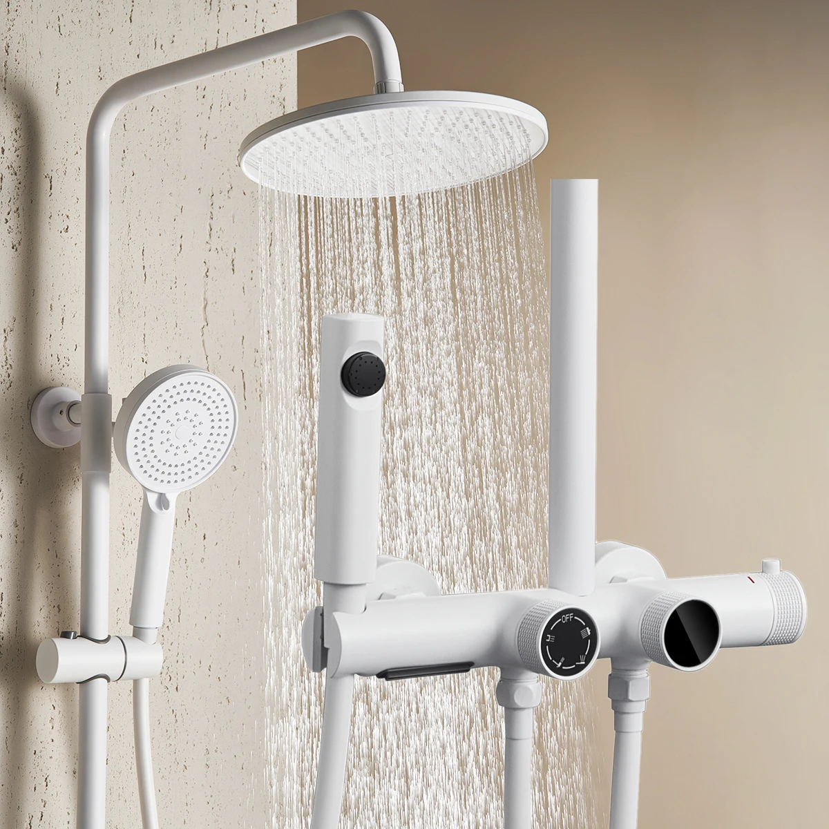 ชุดฝักบัวอาบน้ำดิจิตอลแบบน้ำตกสีขาว คุณภาพสูง ผลิตจากทองเหลือง พร้อมระบบฝักบัวแบบเรนชาวเวอร์ น้ำร้อนน้ำเย็น 1