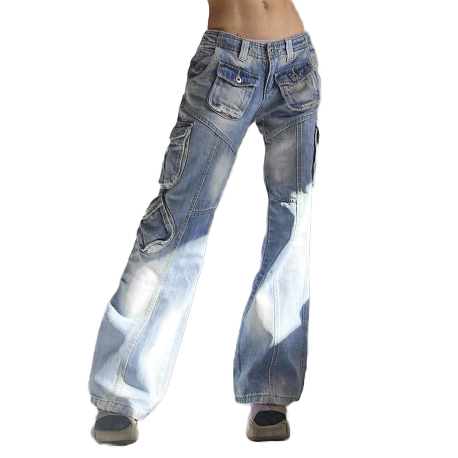 

Women Plain Denim Trousers Front Side Pockets Straight-Leg Casual Long Pants Zipper Button Closure Jeans