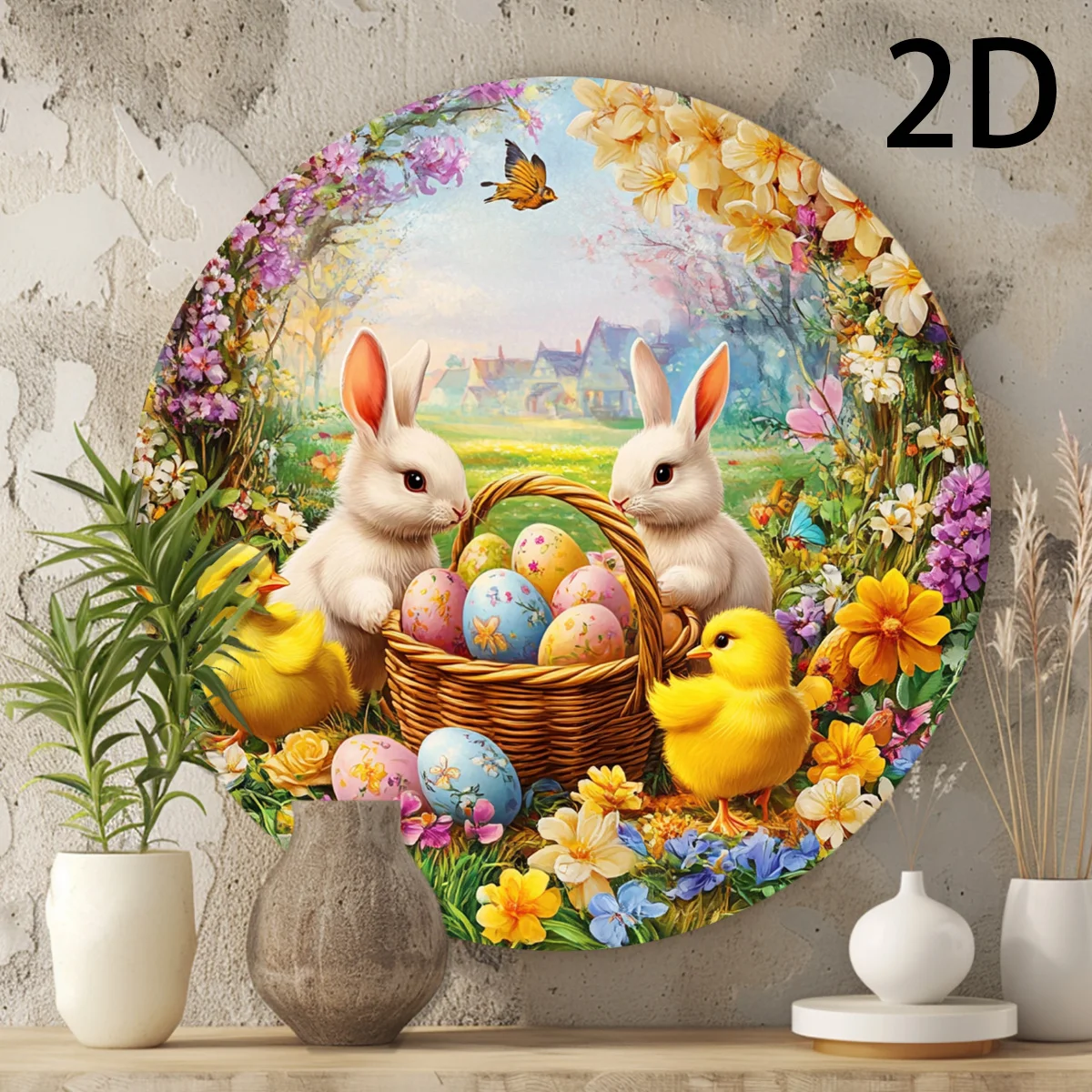 2D Flat, 1pc Vintage Easter Bunny & Chicks Wall Plaque - Spring Garden ...