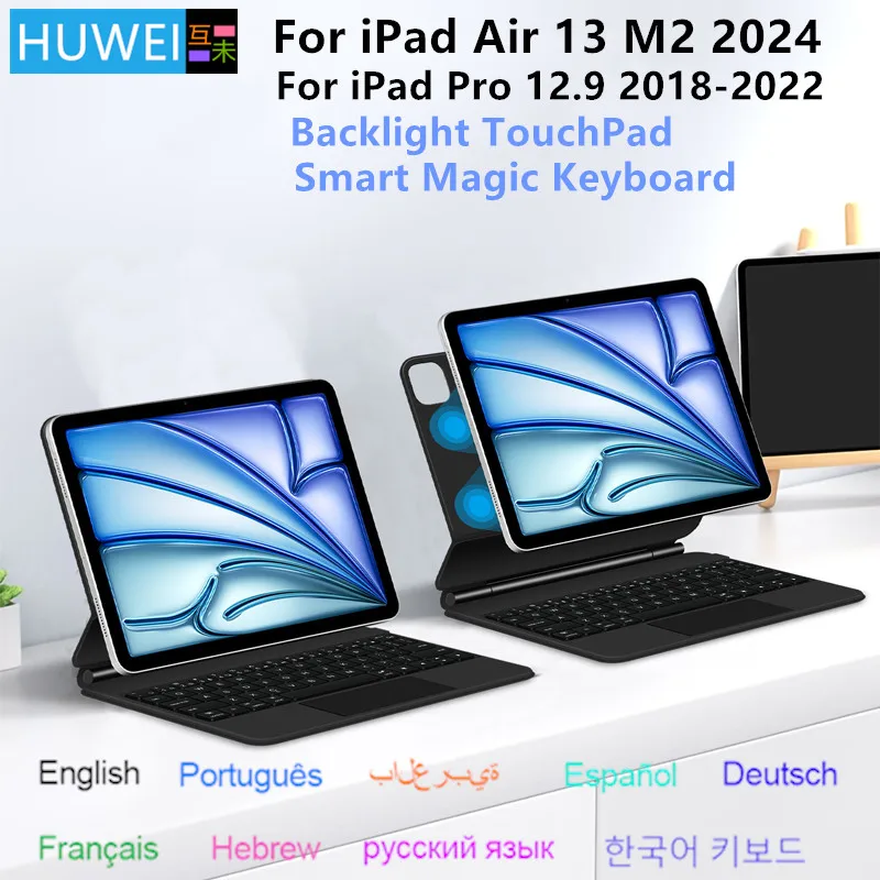 Folio Magic Keyboard For New iPad Air 13 Pro 12.9-Funda Smart Case Portuguese Spanish Arabic German Keyboard Case For Tablet Keyboard Ipad Keyboard Tablet Keyboard Case Bluetooth Keyboard Case