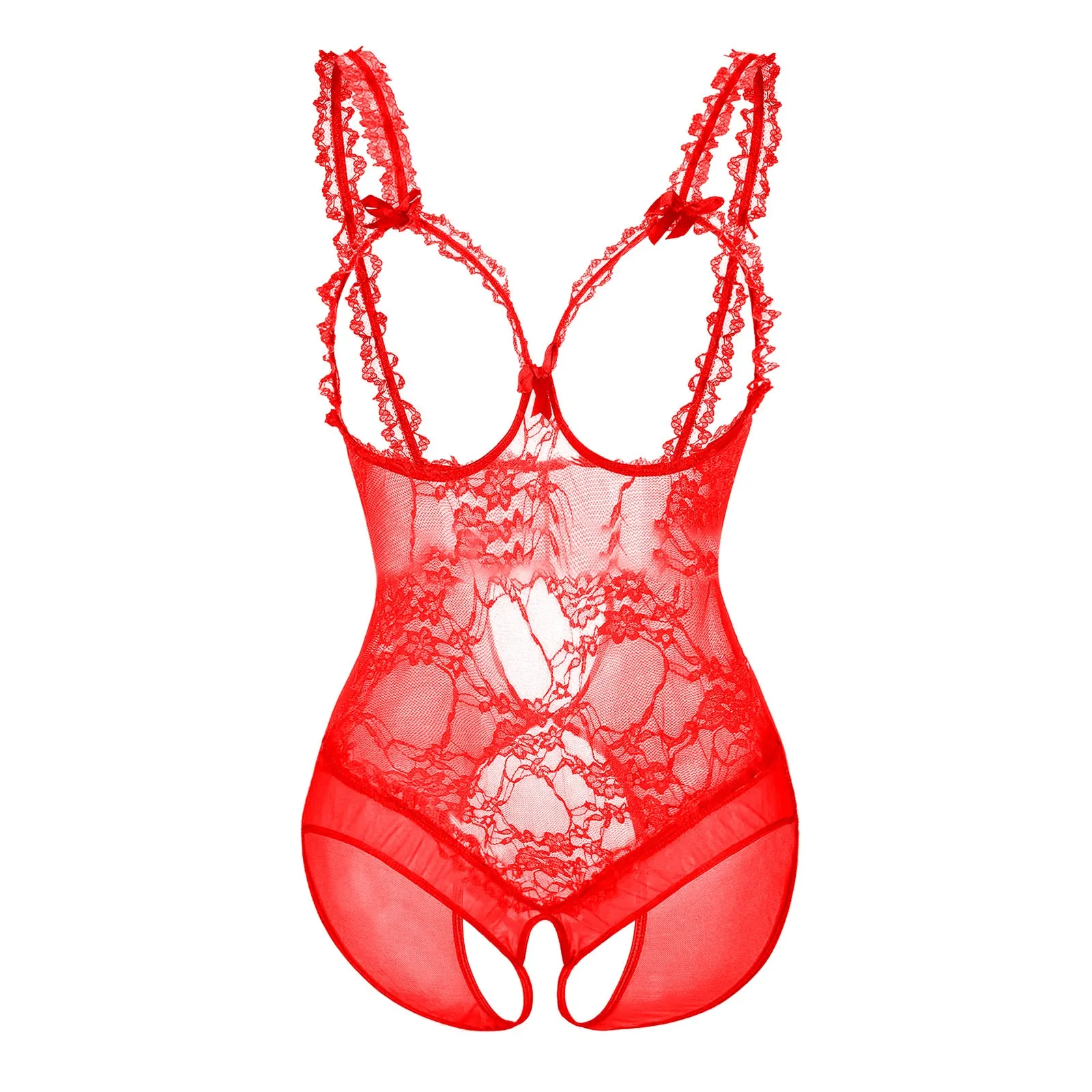 Women's Fun Underwear Lace Open Crotch Dew Breast See Through Sexy Bodysuit Underwear Sleeping Women Night Shirt Rose Satin