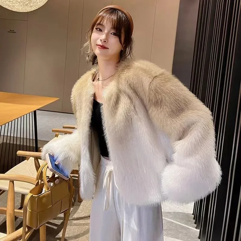 Korean Style Temperament Women Imitation Fur Coat Fashion Gradient Color O-neck Short Outwear Winter Female Faux Fox Fur Jacket
