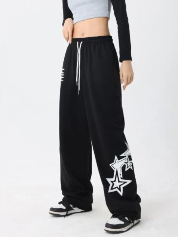 QWEEK Y2K Baggy Sweatpants Women Hip Hop Streetwear Oversize High Waist Trousers Vintage Elastic Stars Casual Jogging Wide Leg