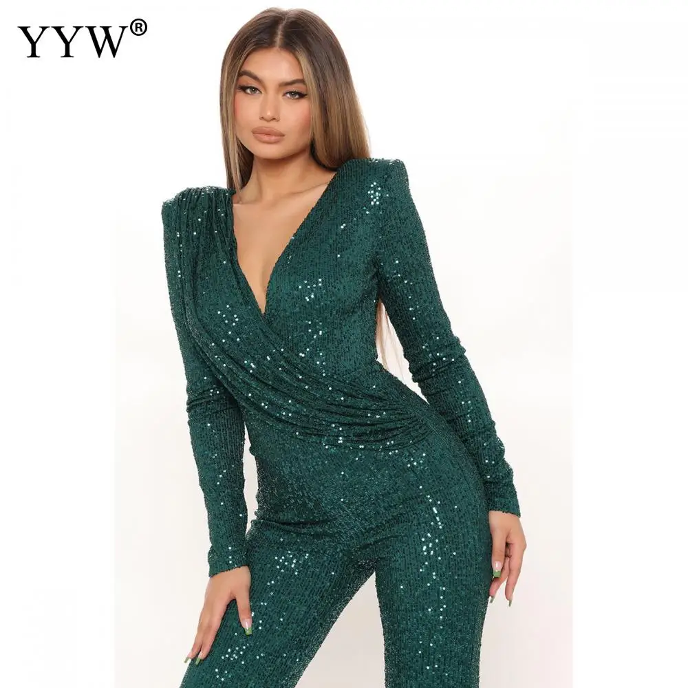 Sequin Jumpsuit Women Sexy Deep V-neck One Piece Bodysuit Jumpsuits For Women 2022 Elegant Night Party Outfits Overalls Body