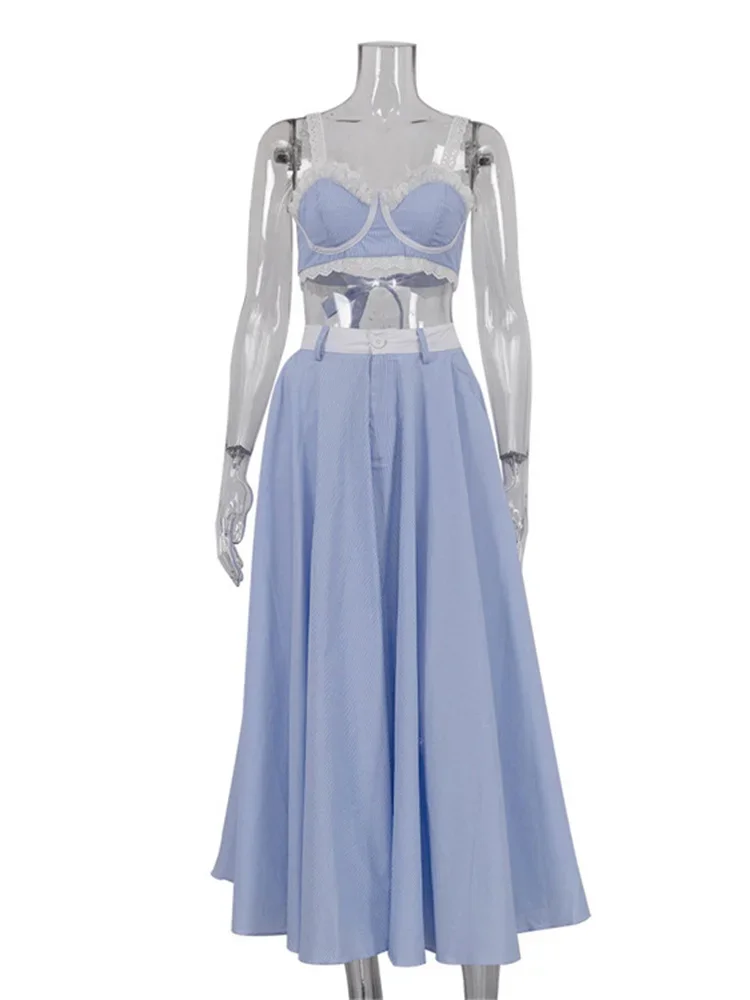 Lace Patchwork 2 Piece-Set Long Skirt For Women Contrast Slim Backless Cropped Tank Top And High Waist Maxi Skirt Outfits