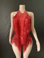 Sparkly Rhinestones Sequins Tassel LeotardWomen Nightclub Outfit Singer Dancer CostumeStage Wear Sexy Performance Bodysuit 7G 4