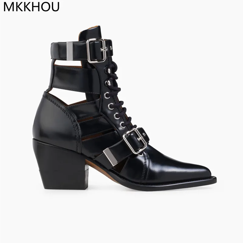 

MKKHOU модные короткие сапоги, женские новые кожаные сапоги с острым носком и пряжкой на Высоком толстом каблуке 6,5 см, кожаные сапоги в стиле ретро, панк